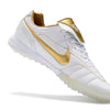 Chuteira Society Nike Retrô Tiempo Legend 7 Elite TF Branca e Dourado R10