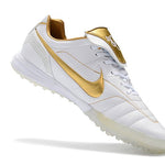 Chuteira Society Nike Retrô Tiempo Legend 7 Elite TF Branca e Dourado R10